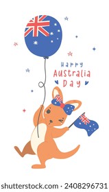 Animales de dibujos animados de canguro de bebé de Australia con bandera de globos, dibujo de la mano de animales australianos