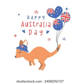 Animales de dibujos animados de canguro de bebé de Australia con bandera de globos, dibujo de la mano de animales australianos