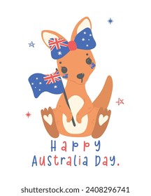 Animación animada canguro de bebé día de Australia agitando la bandera de australia, dibujo de la mano de animales australianos