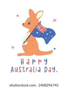 Caricatura de canguro de bebé del día de Australia con bandera y mapa de australia, dibujo de la mano de animales australianos