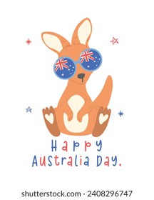 Caricatura de canguro de bebé del día de Australia con bandera y mapa de australia, dibujo de la mano de animales australianos