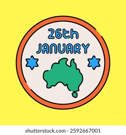 Australia Day Badge Flat design style, circular emblem with 26th January and Australia map, symbolizing Australia Day, great for holiday promotions, event posters, and national pride content.