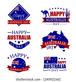 Australia day badges collection. Australia icon set, flag, kangaroo. Happy Australia Day. Map of Australia with flag. Vector illustration