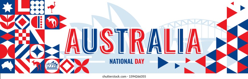 Australia day banner design for 26 january 2020. Abstract geometric banner for the national day of australia in shapes of red and blue colors. Australian flag theme with landmark background. 