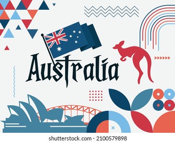 Australia day banner design for 26 January. Abstract geometric banner for the national day of Australia in shapes of red and blue colors. Australian flag theme with landmark background. 