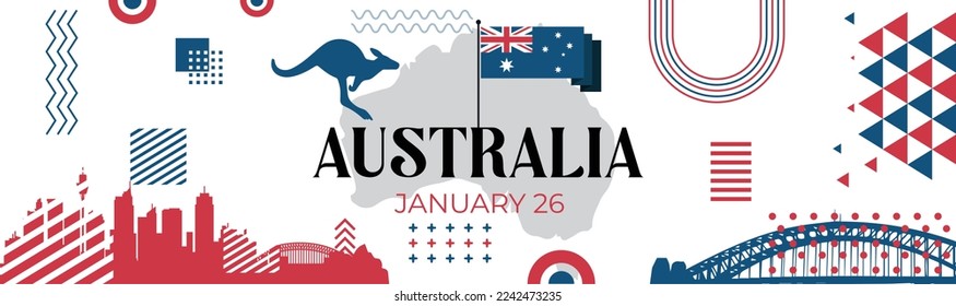 Australien Tag Banner Design für den 26. Januar. Abstrakter geometrischer Banner für den Nationaltag Australiens in roten und blauen Farben. australisches Fahnenthema mit wegweisendem Hintergrund.