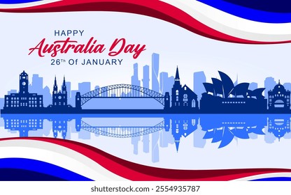 Australia day banner design for 26 January. Happy Australia day with silhouettes of skyscrapers and famous Australian landmarks perfect for Australia Day poster, banner, car and social media posts.