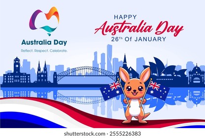 Australia day banner design for 26 January. Happy Australia day with silhouettes of Australian landmarks and a kangaroo carrying the Australian flag perfect for Australia Day poster, banner, card.