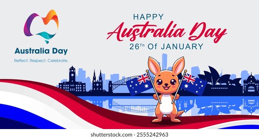 Australia day banner design for 26 January. Happy Australia day with silhouettes of Australian landmarks and a kangaroo carrying the Australian flag perfect for Australia Day poster, banner, card.