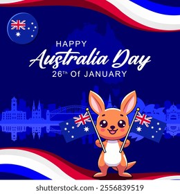 Australia day banner design for 26 January. Elegant banner for the national day of Australia with kangaroo cartoon, Australian flag and skyscraper silhouette and Australian map. Australian flag theme 