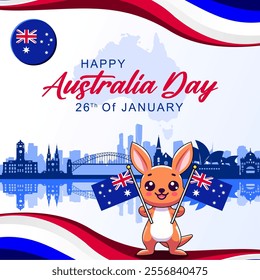 Australia day banner design for 26 January. Elegant banner for the national day of Australia with kangaroo cartoon, Australian flag and skyscraper silhouette and Australian map. Australian flag theme 