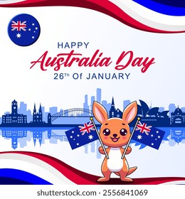 Australia day banner design for 26 January. Elegant banner for the national day of Australia with kangaroo cartoon, Australian flag and skyscraper silhouettes. Australian flag theme 