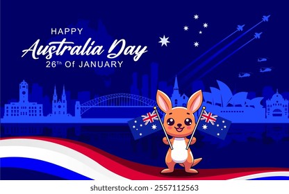 Australia day banner design for 26 January. Elegant banner for the national day of Australia with kangaroo cartoon, Australian flag and skyscraper silhouette and Australian map. Australian flag theme 