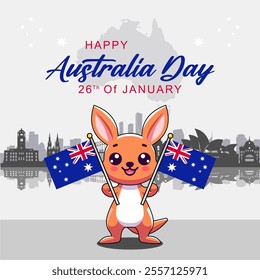 Australia day banner design for 26 January.Elegant banner for the national day of Australia with kangaroo cartoon, australian flag and skyscraper silhouette and australian map. vector illustration