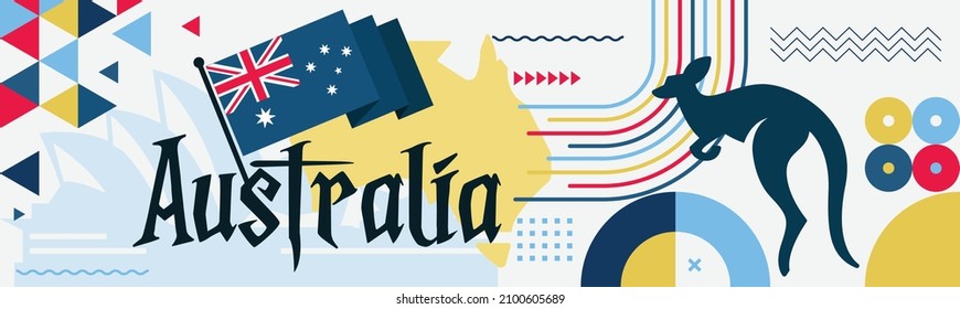 Australia day banner design for 26th of January. Abstract geometric banner for the national day of Australia in shapes of red and blue colors. Australian flag theme with Sydney landmark background. 