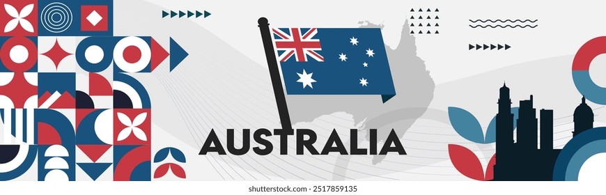 Diseño de Anuncio de día de Australia para el 26 de enero. Anuncio geométrico Abstractas para el día nacional de Australia, fondo del tema de la bandera australiana.