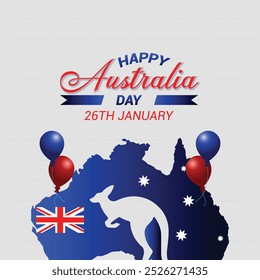 Diseño de Anuncio del Día de Australia para el 26 de enero Un Anuncio moderno en tonos rojos y azules, con un tema de bandera australiana con Lugares famosos icónicos en el fondo perfecto para celebrar el Día Nacional.