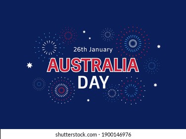 Australia Day banner design with fireworks and stars illustration on blue background. National holiday celebration on January 26th. - Vector