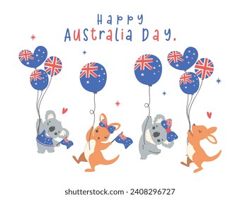 Banner del Día de Australia, grupo de animales canguros de bebé y animales de dibujos animados de koalas con bandera de globos, dibujo de la mano de animales australianos