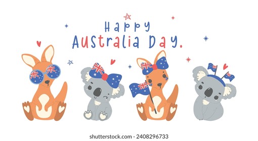 Banner del Día de Australia, grupo de animales canguros de bebé y animales de dibujos animados de koalas con globos y bandera, dibujo de la mano de animales australianos