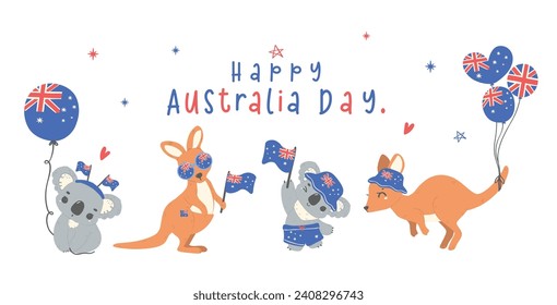 Australia Day banner, Group of animal baby kangaroos and koalas cartoon animal with balloons and flag, Aussie animal wildlife hand drawing