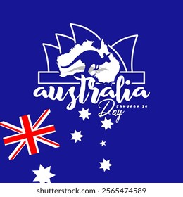 Australia Day to celebrate on January 26th. A kangaroo with a map and the Australian flag on blue background.