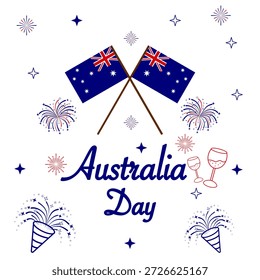 Projeto de celebração do Dia da Austrália com bandeiras nacionais australianas, fogos de artifício festivos, elementos de festa e ícones decorativos em um fundo branco limpo.