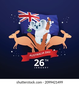 Celebración del Día de Australia Vector de Ilustración Koala Cute y Kangaroo con fondo azul para tu publicación en medios sociales, banner, folleto, tarjeta de invitación o ilustración web