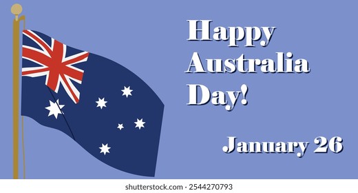 Anuncio de Vector de la celebración del Día de Australia con la bandera australiana ondeando en el asta de la bandera, y texto Feliz Día de Australia sobre fondo azul. Anuncio de vacaciones de invierno