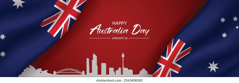 Australia Day cityscape with waving flag 26 January vector poster 