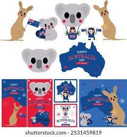 Arte del Clip del día de Australia, ilustración linda del koala, gráfico del canguro, animales australianos amigos de los niños