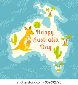 Australia Day. Contour maps in the background of the ocean with funny cartoon kangaroo and cactus, palm. Vector Illustration.