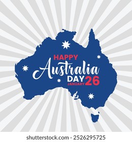 Diseño del Día de Australia para el 26 de enero Un póster rojo y azul contemporáneo, Anuncio, tarjeta con una bandera australiana, tema de mapa, que destaca Lugares famosos icónicos perfectos para las celebraciones del Día Nacional.