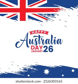 Diseño del Día de Australia para el 26 de enero Un póster, Anuncio y tarjeta contemporáneos rojos y azules con una bandera y un mapa australianos, que destacan Lugares famosos icónicos ideales para las celebraciones del Día Nacional