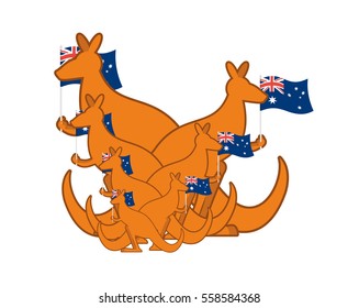 Australia Day emblem holiday. Kangaroos and Australian flag. Logo for traditional feast
