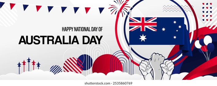 Australia day festive banner. Vibrant modern template for national holiday celebration with raised hands and flag. January 26th. Happy national day of Australia