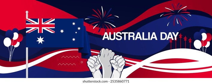 Australia day festive banner. Vibrant modern template for national holiday celebration with raised hands and flag. January 26th. Happy national day of Australia