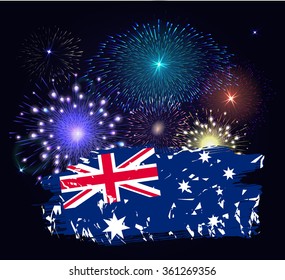 Australia day with flag. Colorful fireworks on black background. Night sky with stars and salute for australia day in vector. Blue, yellow and red fireworks and explosion.