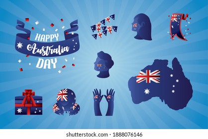 australia day, flag national with people profile hands map balloons and gift icons vector illustration