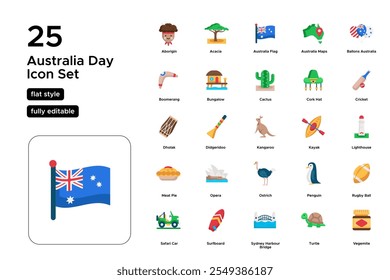 Australia Day Flat Icon Set: Celebrations, Flag, Fireworks, and National Pride Icons