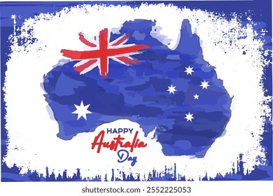 Día de Australia saludo Anuncio, tarjeta, Web, fondo. Fiesta nacional el 26 de enero, diseño de Plantilla de texto y pincel de acuarela del mapa de la bandera australiana