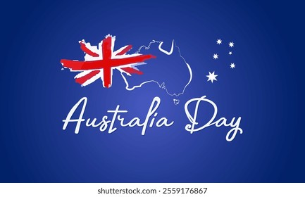 Australia day greeting banner, card, web, background with Australian flag map. National holiday on 26 January text blue template layout