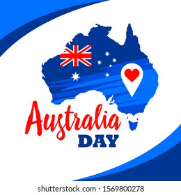 Australia day greeting card, poster, print, banner for social media. Map of Australia with flag, square vector illustration. Australian holiday art with geo tag.