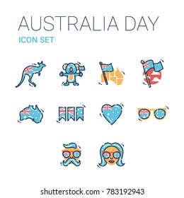 Australia Day holiday celebration icons. Vector icon set including kangaroo, koala bear, map, flag, banner, heart, sunglass, aussie man and woman, hipster.