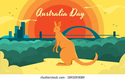 Australia Day horizontal vector illustration with a kangaroo as a symbol of the country and beautiful urban landscape. Anniversary Day as national Australian holiday for praising the sovereignty