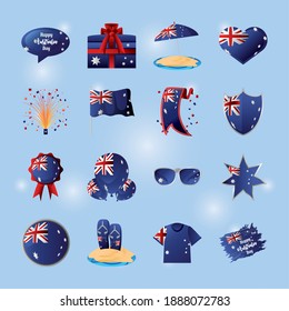 australia day icons collection australian flag map country shirt sunglasses heart balloons celebration vector illustration