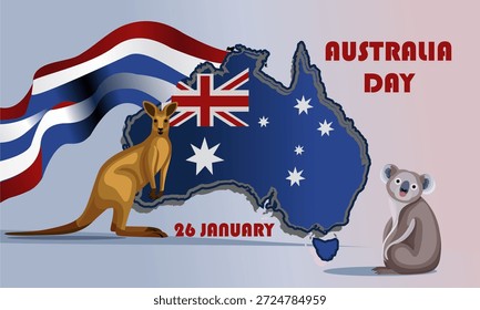 A ilustração do Dia da Austrália apresenta o mapa da Austrália com bandeira nacional, canguru e coala, celebrando a cultura australiana, a vida selvagem e o orgulho nacional em 26 de janeiro.