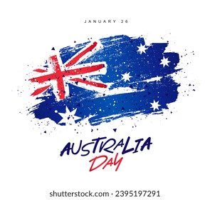 Australia Day. January 26. Beautiful Australian flag. Festive greeting poster. Day of the first landing. Vector illustration on a white background.