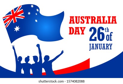 Australia day January 26 vector illustration. Group of happy celebrating people with the flag of Australia. for Banner, poster, print, sticker or souvenir products. Text Happy Australia day