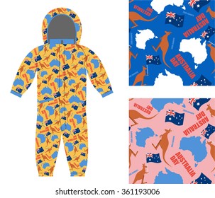 Australia day kids overall. Textures set Kangaroo and map of Aussie seamless. Flag of Australian and Tasmanian animals. Texture for boys and girls. Childrens clothing design template